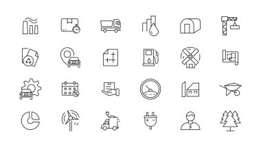 Enerji ve endüstri doğrusal simge koleksiyonu. Enerji ve sanayi çizgisi simgeleri ayarlandı. Vektör illüstratörü.