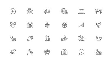 Enerji ve endüstri doğrusal simge koleksiyonu. Enerji ve sanayi çizgisi simgeleri ayarlandı. Vektör illüstratörü.