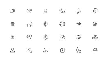 Enerji ve endüstri doğrusal simge koleksiyonu. Enerji ve sanayi çizgisi simgeleri ayarlandı. Vektör illüstratörü.