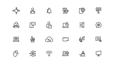 Bilgi teknolojisi doğrusal simgeler koleksiyonu. İnce çizgi simgeleri paketle