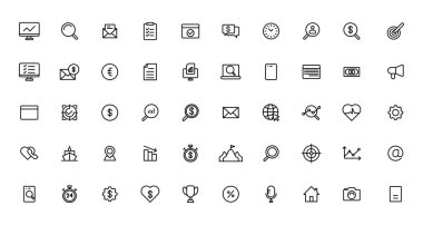 İş ve Finans web simgeleri. Para, banka, çek, hukuk, açık artırma, borç, ödeme içeren vektör işi ve finans ana hatları simgesi. 