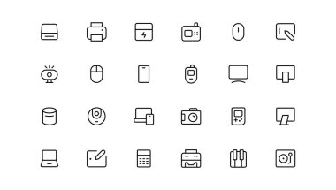 Device and technology line icon set. Electronic devices and gadgets, computer, equipment and electronics. Computer monitor, smartphone, tablet and laptop sumbol collection