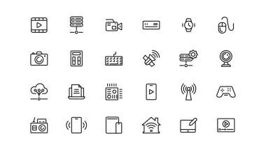 Device and technology line icon set. Electronic devices and gadgets, computer, equipment and electronics. Computer monitor, smartphone, tablet and laptop sumbol collection