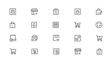 Alışveriş ikonları ayarlandı. E-ticaret simgesi koleksiyonu. Çevrimiçi alışveriş çizgisi simgeleri. Dükkan simgeleri vektörü