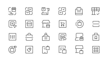 Alışveriş ikonları ayarlandı. E-ticaret simgesi koleksiyonu. Çevrimiçi alışveriş çizgisi simgeleri. Dükkan simgeleri vektörü