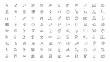 İş ve yönetim çizgisi simgeleri ayarlandı. Yönetim simgesi koleksiyonu. Vektör illüstratörü