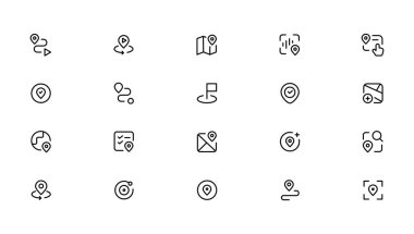 Navigasyon, konum, GPS elemanları - ince çizgi web simgesi seti. Taslak simge koleksiyonu. Basit vektör çizimi