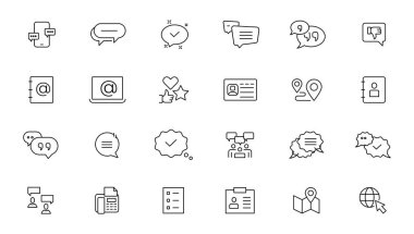 Müşteri Hizmetleri ve Destek - Simge Koleksiyonu Özeti. İnce Satır Seti Çevrimiçi Yardım, Yardım Masası, Hızlı Yanıt, Geri bildirim ve daha fazlası gibi simgeler içerir. Basit ağ simgeleri ayarlandı