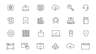 Veri analiz simgesi, beyaz arkaplanda düzenlenebilir ince çizgi ile vektör illüstrasyonunu ayarladı. veri analizi, veri madenciliği, işleme, istatistik, optimizasyon ve izleme