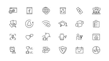 Bilgi teknolojisi çizgi simgeleri koleksiyonu. Büyük UI simgesi düz dizayn edildi. İnce taslak simgeler paketi. Vektör illüstrasyonu