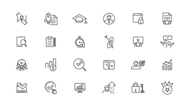 Değerlendirme ve analitik doğrusal ikonlar koleksiyonu. İnce çizgi web simgesi seti, basit dış hat simgeleri koleksiyonu, Piksel Mükemmel simgeler, Basit vektör illüstrasyonu