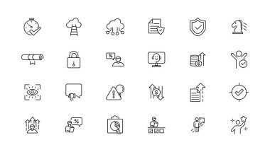 Değerlendirme ve analitik doğrusal ikonlar koleksiyonu. İnce çizgi web simgesi seti, basit dış hat simgeleri koleksiyonu, Piksel Mükemmel simgeler, Basit vektör illüstrasyonu