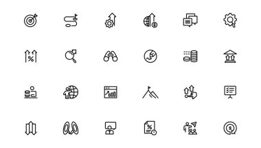 Büyüme & Başarı simgesi seti. Başarılı iş geliştirme, planlama ve işleme sembolü. Hedefler ve Hedef İlişkili. Özet simgesi