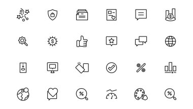 Dijital pazarlama ikonları ayarlandı. İçerik, arama, pazarlama, ekommerce, seo, elektronik cihazlar, internet, analizler. Ana simge simgesi.