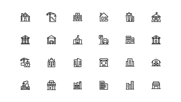 set of building icons, such as city, apartment, condominium, town. Outline icons collection