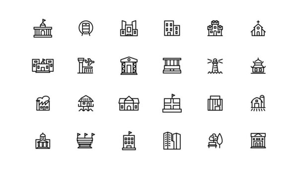 set of building icons, such as city, apartment, condominium, town. Outline icons collection