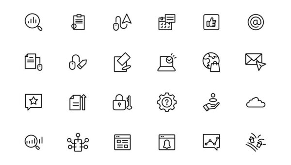 Digital marketing icons set. Content, search, marketing, ecommerce, seo, electronic devices, internet, analysis.Outline icon.Outline icon