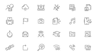 Bilgi teknolojisi çizgi simgeleri koleksiyonu. Aygıtlar, internet, sunucu, veri, ağ simgeleri. Kullanıcı simgesi seti. Veri merkezi, web sitesi, sosyal medya, SEO işletmesi, e-ticaret, destek, bilgisayar ve cep telefonu