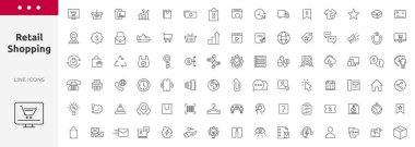 E-ticaret, alışveriş perakende web ikonu seti. UI çizgi ikonları toplama vektörü. İnce taslak simgeleri paketle 