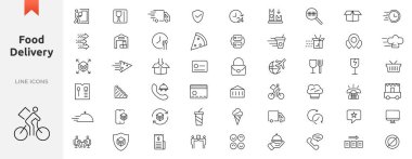 Yemek servis ikonu seti. Kullanıcı simgeleri koleksiyonu taslağı. Sipariş takibi, eve teslimat, depo, kamyon, scooter, kurye ve kargo ikonları içeriyor. Nakliye sembolü.