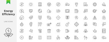 Enerji verimliliği simgesi ayarlandı. Enerji, elektrik, elektrik. UI düz simgeler koleksiyonu. Enerji tasarrufu ampulü, domuz kumbarası, güneş paneli, dairesel ekonomi, pil, ev yalıtımı, enerji taslak ikonu koleksiyonu.