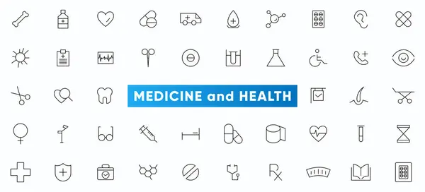 Tıp ve Sağlık Hizmetleri çizgisi simgeleri ayarlandı. Sağlık, sağlık, tıp, sağlık kontrolü, doktor, diş hekimliği, eczane, laboratuvar, bilimsel keşif ikonları koleksiyonu. Taslak simge koleksiyonu. İnce taslak simgeleri paketle