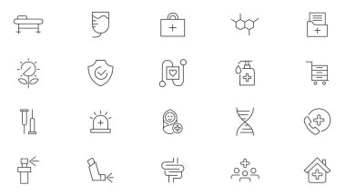 Sıhhiye ve sağlık hizmetleri çizgisi simgeleri ayarlandı. Sağlık, sağlık, tıp, sağlık kontrolü, doktor, diş hekimliği, eczane, laboratuvar, bilimsel keşif ikonları koleksiyonu. Taslak simge koleksiyonu. İnce taslak simgeleri paketle