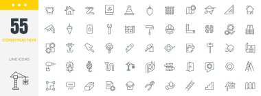 İnşaat hattı simgesi seti. İnşaat, endüstri, ev onarım araçları, inşaatçılar ve ekipmanlar, inşaatçı, vinç, mühendislik, ekipman, kask, araç, ev, yenileme, iş aletleri, malzeme taslak ikon koleksiyonu. İnce taslak simgeleri paketle