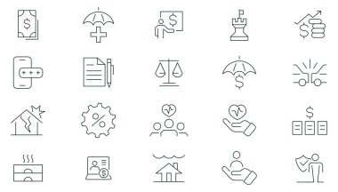 Sigorta ince çizgi simgeleri ayarlandı. Yaşam, sağlık, araba, seyahat, ev, sağlık, para ve sosyal sigorta ince çizgi ikonu. Taslak simge koleksiyonu.