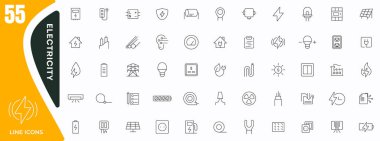 Elektrik, elektrik enerji hattı simgeleri ayarlandı. Elektrik, elektrik hattı, ışık, ampul ve elektrik ekipmanları ikon koleksiyonu. İnce taslak simgeleri paketle