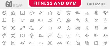 Spor, jimnastik ve jimnastik salonu ikonları hazır. Sağlıklı yaşam tarzı, ağırlık çalışması, vücut bakımı, fiziksel aktivite taslak ikon koleksiyonu. İnce taslak simgeleri paketle