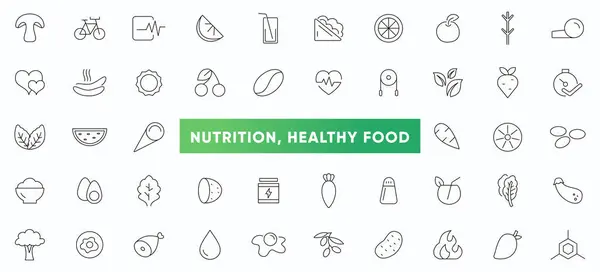 Beslenme ve sağlıklı yiyecek ikonları hazır. Detoks diyeti, metabolizma, Caunt Kalorisi, Palm yağı, sıfır yağ, Probiyotik, sebze çizgisi ikonu. Taslak simge koleksiyonu.