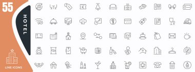 Hotel Line Simgeleri ayarlandı. Otel, daire, servis, havaalanı, kiralama, rezervasyon, otel rezervasyonu, oda, park yeri, seyahat ikonu koleksiyonu. İnce taslak simgeleri paketle.