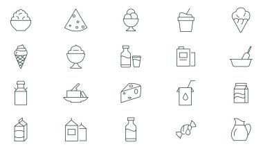 Süt ürünü ikonu seti. Yiyecek, içecek, dondurma, süt, soğuk, çiftlik, tatlı, peynir, tereyağı çizgisi ikonu koleksiyonu. Taslak simge paketi. İnce dış hat simgeleri vektörü