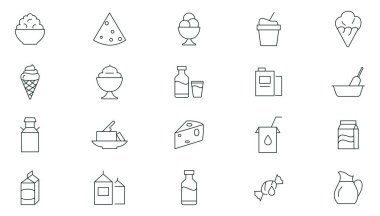 Süt ürünü ikonu seti. Yiyecek, içecek, dondurma, süt, soğuk, çiftlik, tatlı, peynir, tereyağı çizgisi ikonu koleksiyonu. Taslak simge paketi. İnce dış hat simgeleri vektörü