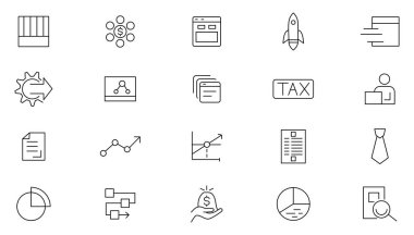 İş modeli simgesi seti. İş zekası, görselleştirme, analitik dervice, risk yönetimi, strateji, veri yönetimi ve analiz ana hatları ikon koleksiyonu. UI ince dış hat simgesi seti.