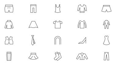 Kıyafet ve moda ikonu seti. Ceket, kışlık palto, sweatshirt, kapüşonlu, kazak, mayo, gece elbisesi, hırka, elbise askısı ve diğer giysi taslak koleksiyonu. UI ince dış hat simgesi seti.