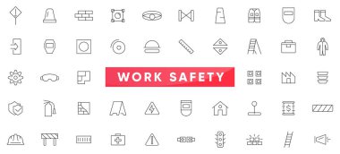 İş güvenliği çizgisi simgesi ayarlandı. İnşaat, tehlike, koruma, sağlık, gözlükler, kulaklıklar, solunum cihazları ikon koleksiyonu. UI ince dış hat simgesi seti.