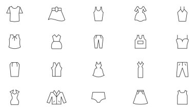 Kıyafet ve moda ikonu seti. Ceket, kışlık palto, sweatshirt, kapüşonlu, kazak, mayo, gece elbisesi, hırka, elbise askısı ve diğer giysi taslak koleksiyonu. UI ince dış hat simgesi seti.