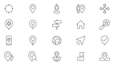 Konum çizgisi simgesi ayarlandı. Navigasyon, haritalar, iyojistik, teslimat, harita navigasyon ana hatları ikon koleksiyonu. UI ince dış hat simgesi seti.