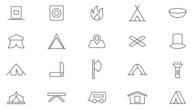 Kamp hattı simgesi hazır. Seyahat, açık hava, kamp ateşi, yürüyüş, karavan, turizm ve yerel tur ikonu koleksiyonu. UI ince dış hat simgesi seti.