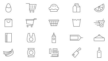 Market çizgisi simgesi ayarlandı. Süpermarket, Fırın, Süt, Sebze, Meyve, Süt, Peynir, Pirinç, Kahve, Deniz Ürünleri, Balık, Tavuk ve Cart ikon koleksiyonu. İnce taslak simgeleri kullan.