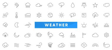 Hava Durumu Simgeleri Paketi. Hava, yağmur, kar taneleri, fırtına, güncelleme, güneşli, bulutlu, rüzgar, gün ışığı, gece, sıcaklık, güneş, ay ve güneş ışığı ikonu koleksiyonu. UI ince dış hat simgesi seti.