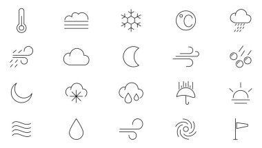 Hava Durumu Simgeleri Paketi. Hava, yağmur, kar taneleri, fırtına, güncelleme, güneşli, bulutlu, rüzgar, gün ışığı, gece, sıcaklık, güneş, ay ve güneş ışığı ikonu koleksiyonu. UI ince dış hat simgesi seti.
