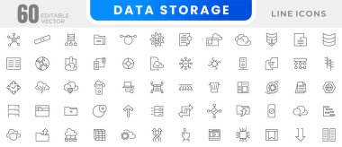 Veri depolama ince çizgi simgesi ayarlandı. Büyük veri, veri güvenliği, veri depolama, veri görselleştirme, veri yönetimi, veritabanı, kesme, izleme, ağ, bulut hesaplama ve teknoloji ana hatları ikon koleksiyonu.