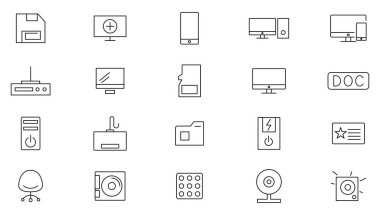 Bilgisayar çizgisi simgesi ayarlandı. Laptop, akıllı telefon, elektronik, masaüstü, cihaz ve teknoloji taslak ikon koleksiyonu. İnce taslak simgeleri kullan.