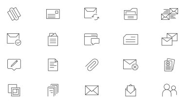 E- posta ve e- posta satırı simgesi seti. Mesaj, zarf, posta, posta, postane ve posta kutusu ana hatları ikon koleksiyonu. İnce taslak simgeleri kullan 