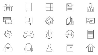 Okul çizgisi simgeleri ayarlandı. Eğitim, öğrenim, okul, çevrimiçi okul, özet eğitim, mezuniyet, ders, ders, kitap, teleskop, sırt çantası ve otobüs ana hatları ikonu koleksiyonu. İnce taslak simgeleri kullan.