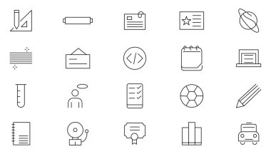 Okul çizgisi simgeleri ayarlandı. Eğitim, öğrenim, okul, çevrimiçi okul, özet eğitim, mezuniyet, ders, ders, kitap, teleskop, sırt çantası ve otobüs ana hatları ikonu koleksiyonu. İnce taslak simgeleri kullan.