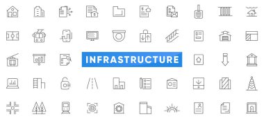 Altyapı hattı web simgesi seti. ulaşım, yol, alışveriş merkezi, havaalanı, polis, okul, park, su, gökdelen, araba servisi, otoyol, klinik, merdiven, otel, metro, barınak, park ana hatları ikon koleksiyonu. İnce taslak simgeleri kullan.